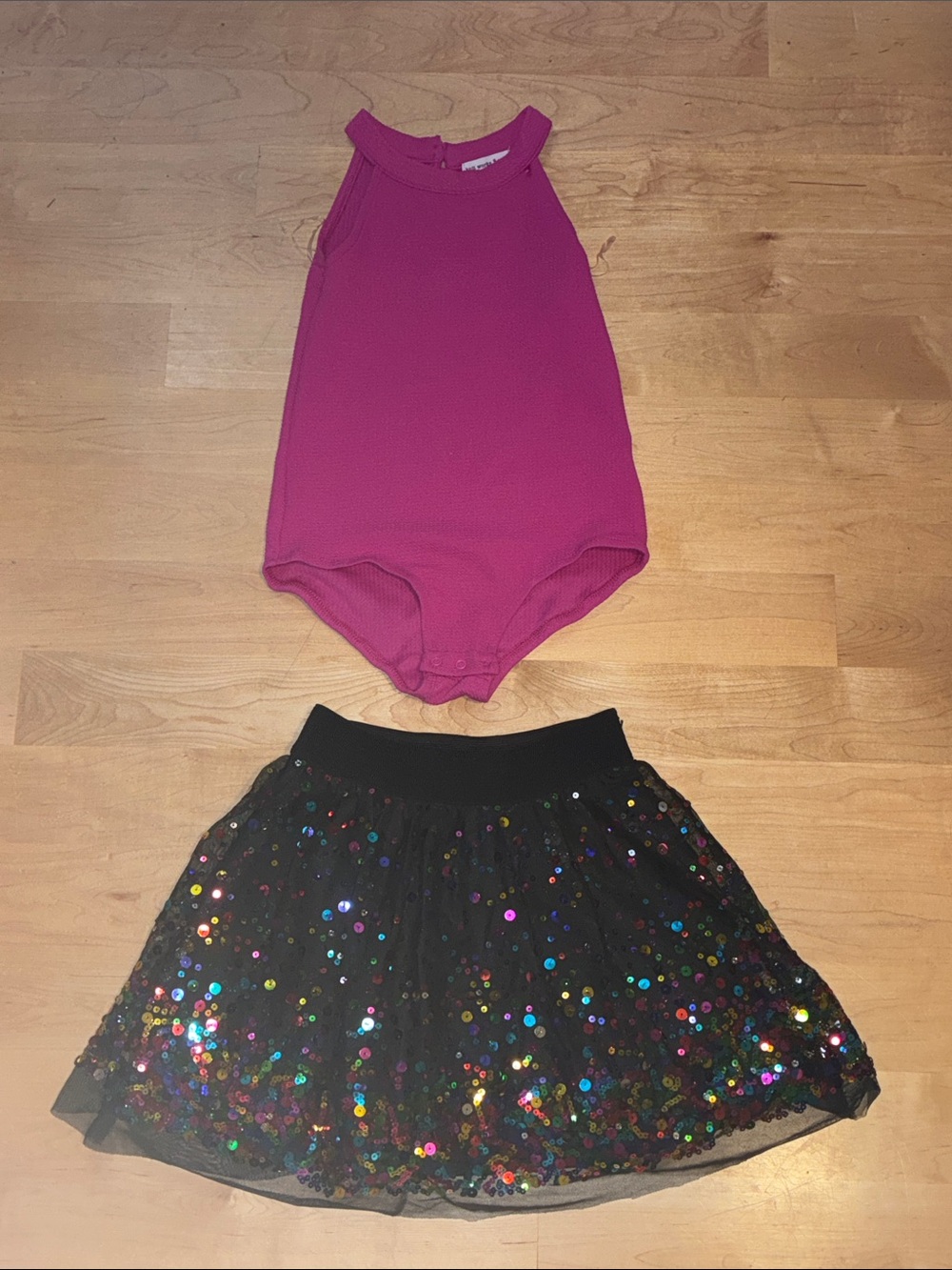 Knitworks Dance Outfit Hot Pink Halter Bodysuit with Black Multi-Sequin Skirt